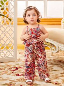 SHEIN Baby Girl Paisley Print Ruffle Hem Cami Top & Wide Leg Pants - Multicolor - View 4