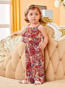 SHEIN Baby Girl Paisley Print Ruffle Hem Cami Top & Wide Leg Pants - Multicolor - View 5