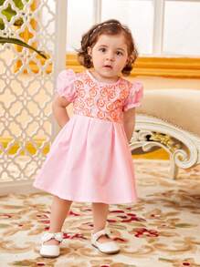 SHEIN 嬰兒捲形花紋泡泡袖洋裝 - 粉色 - 查看 7