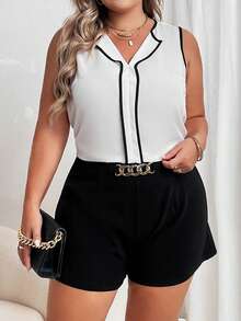 SHEIN Privé 大碼撞色滾邊無袖襯衫 - 白色 - 查看 7