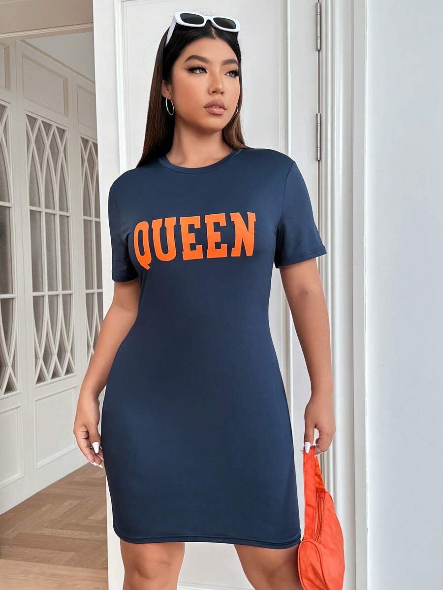 SHEIN EZwear Vestido ajustado con estampado de letra - Azul Marino - Ver 1