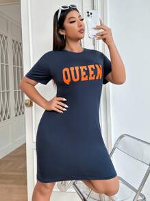 SHEIN EZwear Vestido ajustado con estampado de letra - Azul Marino - Ver 3