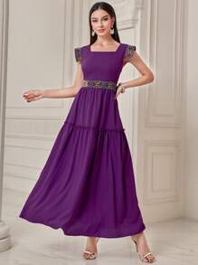 Mulvari 織帶拼接方領荷葉邊洋裝 - 紫色 - 查看 5