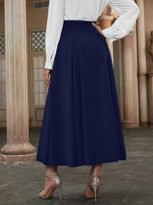 Modelyn High Waist Fold Pleated Detail Flare Skirt Maxi Women Outfit Fall Cloth For Women - Navy Blue - View 3