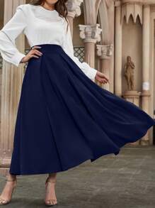 Modelyn High Waist Fold Pleated Detail Flare Skirt Maxi Women Outfit Fall Cloth For Women - Navy Blue - View 5