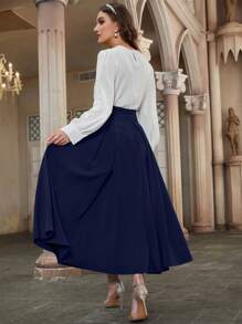 Modelyn High Waist Fold Pleated Detail Flare Skirt Maxi Women Outfit Fall Cloth For Women - Navy Blue - View 6