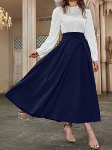 Modelyn High Waist Fold Pleated Detail Flare Skirt Maxi Women Outfit Fall Cloth For Women - Navy Blue - View 7