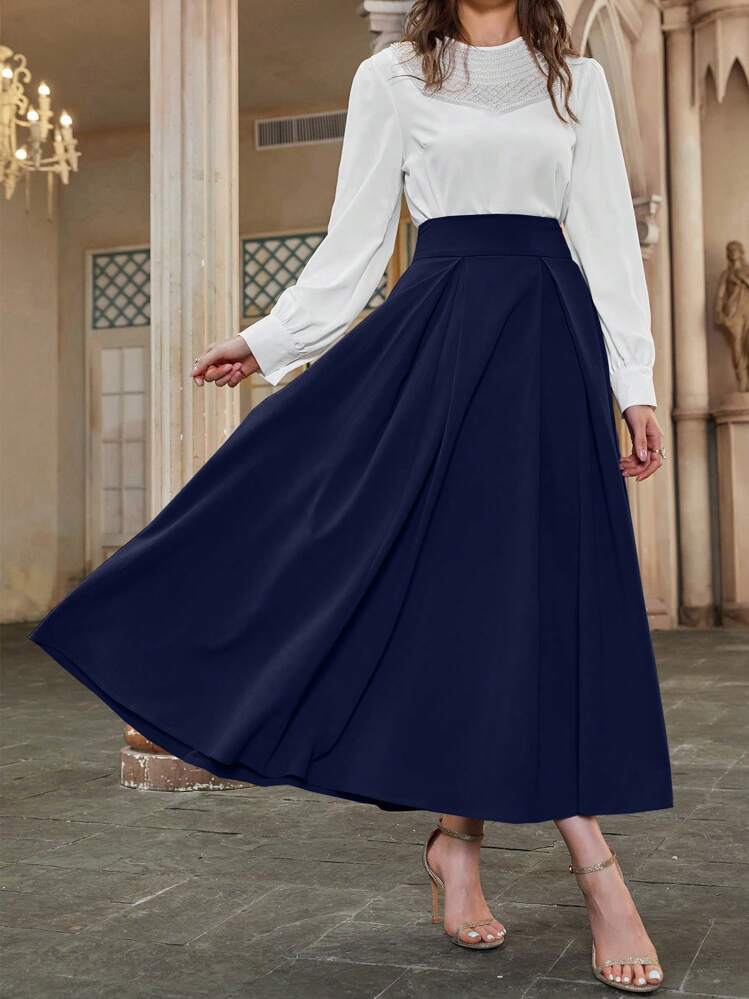 Jupe Midi Taille Haute En Laine - Marque Infinitif - Taille 36-38 (38) - Bleu Marine - Occasion Très Bon État