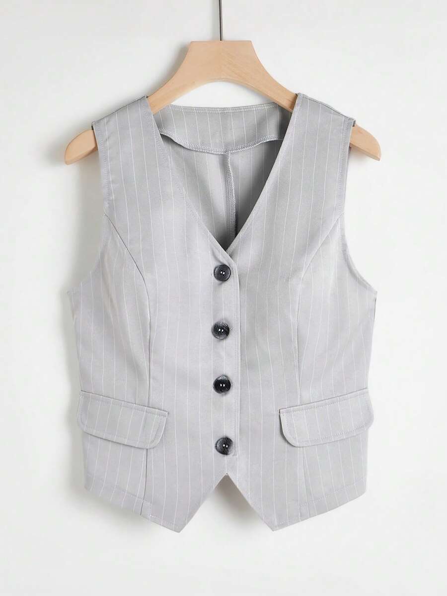 Mulvari 條紋圖案前紐扣馬甲 - 淺灰色 - 查看 1