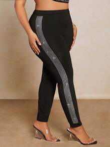 SHEIN BAE Plus Contrast Rhinestone Side Seam Leggings - Black - View 1