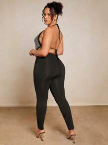 SHEIN BAE Plus Contrast Rhinestone Side Seam Leggings - Black - View 2