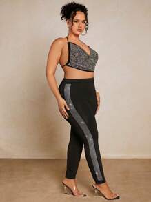 SHEIN BAE Plus Contrast Rhinestone Side Seam Leggings - Black - View 3