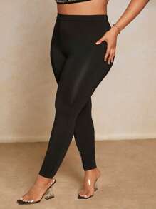 SHEIN BAE Plus Contrast Rhinestone Side Seam Leggings - Black - View 4