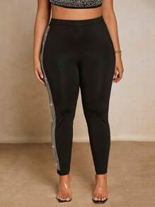 SHEIN BAE Plus Contrast Rhinestone Side Seam Leggings - Black - View 5