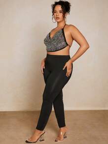 SHEIN BAE Plus Contrast Rhinestone Side Seam Leggings - Black - View 7