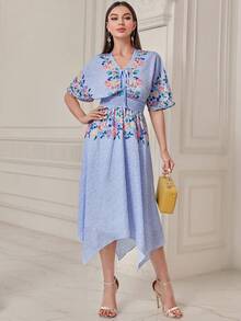 Mulvari Đầm Bất đối xứng Dây kéo Dải chun Hoa Thanh lịch - Nhiều màu - Xem 3