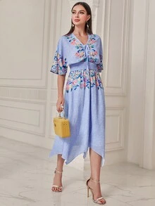 Mulvari Đầm Bất đối xứng Dây kéo Dải chun Hoa Thanh lịch - Nhiều màu - Xem 4