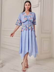 Mulvari Đầm Bất đối xứng Dây kéo Dải chun Hoa Thanh lịch - Nhiều màu - Xem 5