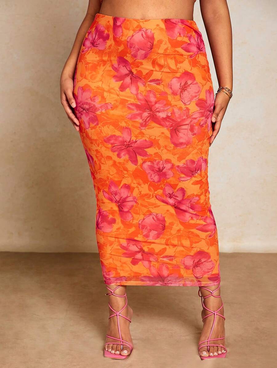 SHEIN BAE Falda lápiz plisada con estampado floral de moda para mujer de talla grande, adecuada para vacaciones