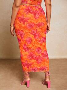 SHEIN BAE Falda lápiz plisada con estampado floral de moda para mujer de talla grande, adecuada para vacaciones