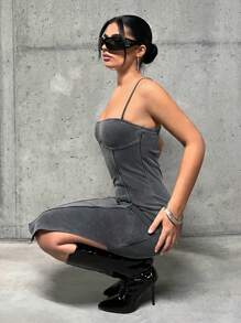 SHEIN ICON Tách đùi Váy Dây - Màu xám đen - Xem 5