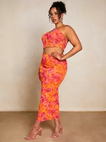 SHEIN BAE Falda lápiz plisada con estampado floral de moda para mujer de talla grande, adecuada para vacaciones
