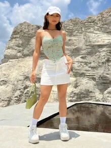 SHEIN Qutie 碎花胸部褶皺頭巾下擺吊帶上衣 - 薄荷綠 - 查看 3