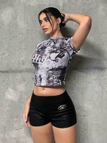 SHEIN ICON 字母貼布短褲 - 黑色 - 查看 4