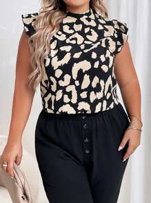 SHEIN Privé Plus Leopard Print Ruffle Trim Mock Neck Blouse - Multicolor - View 1