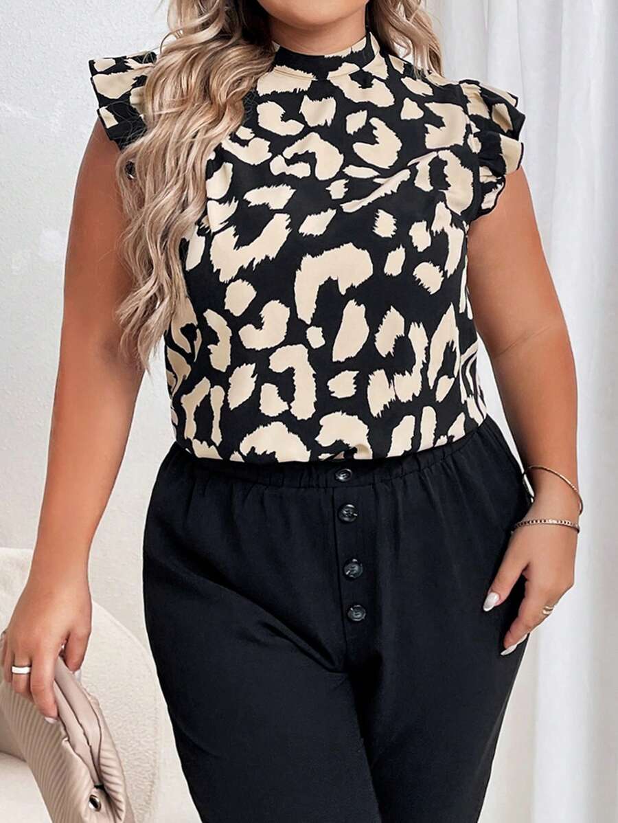 SHEIN Privé Plus Leopard Print Ruffle Trim Mock Neck Blouse - Multicolor - View 1