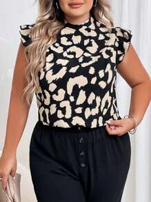SHEIN Privé Plus Leopard Print Ruffle Trim Mock Neck Blouse - Multicolor - View 6