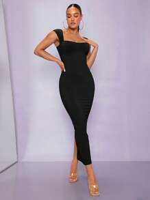 Silquee Solid Square Neck Bodycon Dress - Black - View 4