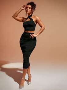 Silquee Crisscross Halter Top & Ruched Pencil Skirt