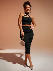 Silquee Crisscross Halter Top & Ruched Pencil Skirt