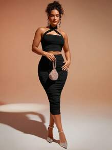 Silquee Crisscross Halter Top & Ruched Pencil Skirt