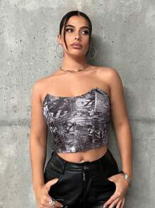 SHEIN ICON Graphic Print Ruched Crop Tube Top