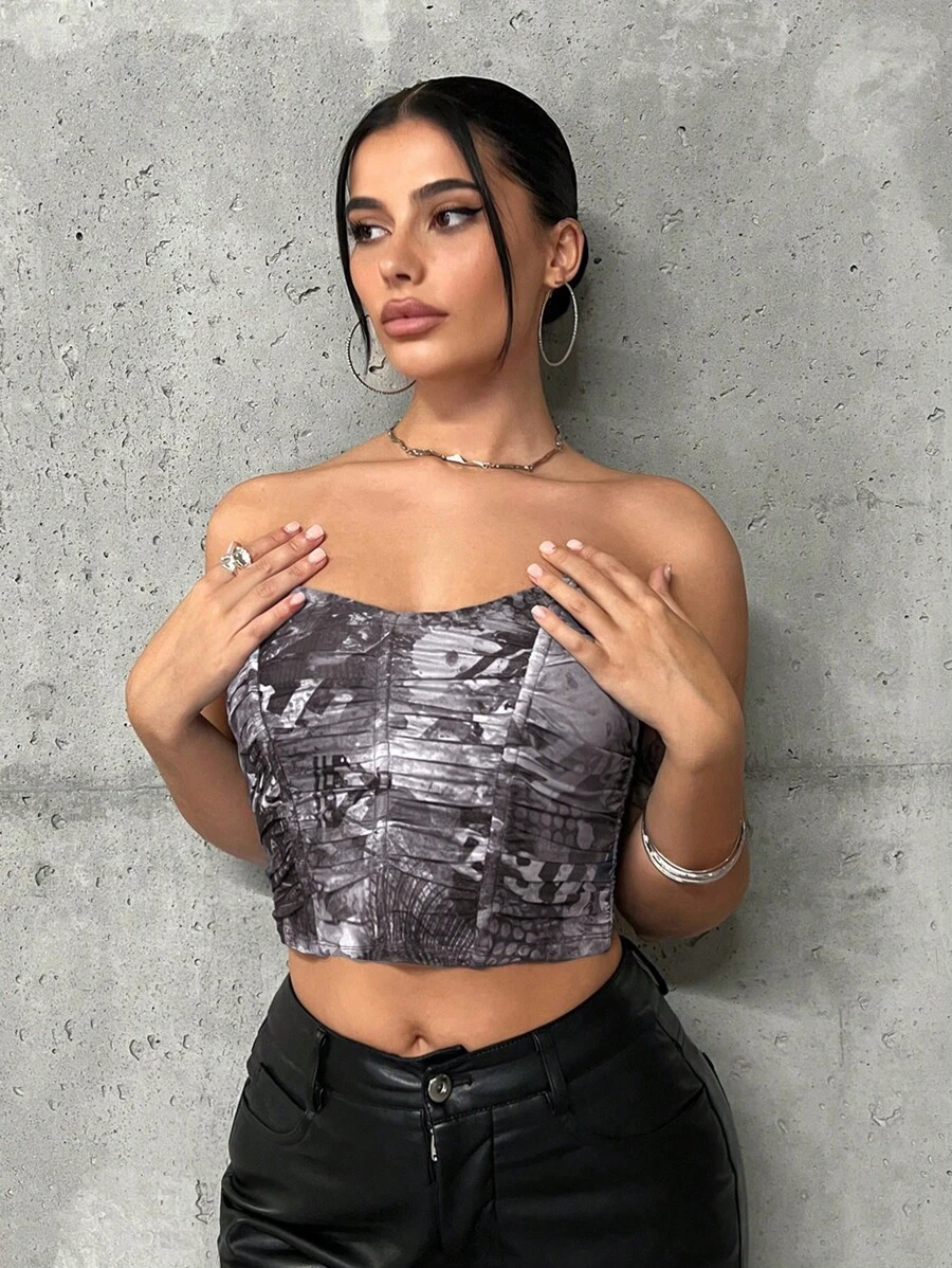 SHEIN ICON Graphic Print Ruched Crop Tube Top