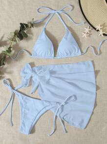 Swim Mod Summer Beach Halter Triangle Bikini Set With Beach Skirt