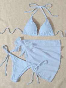Swim Mod Summer Beach Halter Triangle Bikini Set With Beach Skirt