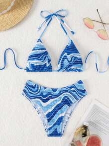 Swim Vcay Summer Beach Wave Print Halter Triangle Bikini Set - Blue - View 6