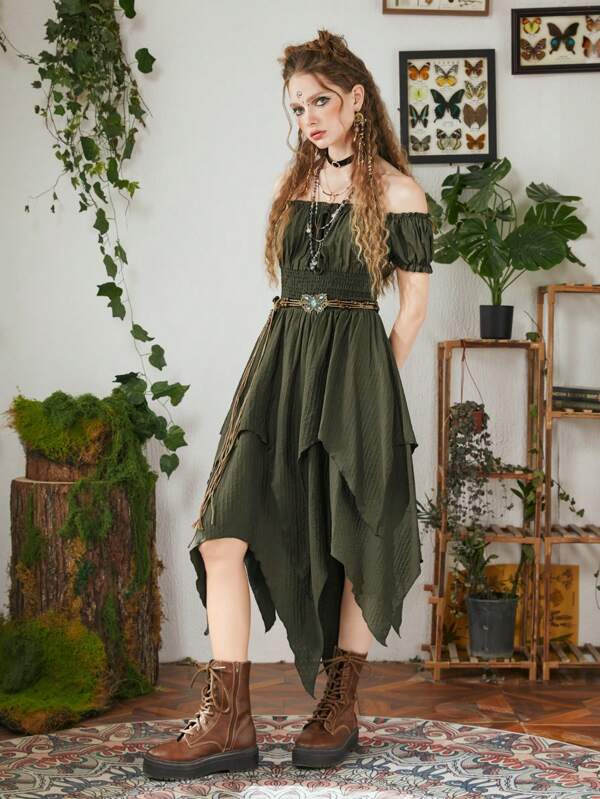 Fairycore Off Shoulder Asymmetrical Hem Dress Without Belt