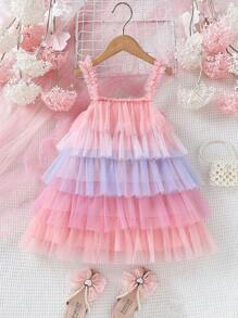 SHEIN Cô Gái Trẻ Khối màu Nhiều lớp Lưới Ruffle Váy Dây - Nhiều màu - Xem 1