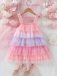 SHEIN Cô Gái Trẻ Khối màu Nhiều lớp Lưới Ruffle Váy Dây - Nhiều màu - Xem 2
