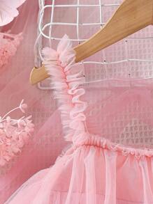 SHEIN Cô Gái Trẻ Khối màu Nhiều lớp Lưới Ruffle Váy Dây - Nhiều màu - Xem 3