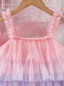 SHEIN Cô Gái Trẻ Khối màu Nhiều lớp Lưới Ruffle Váy Dây - Nhiều màu - Xem 4