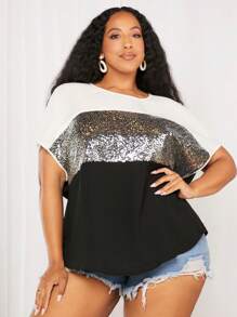 SHEIN CURVE+ Áo sơ mi Plus Size Nút ghép mộng kim sa Khối Màu Giải trí - màu đen - Xem 1