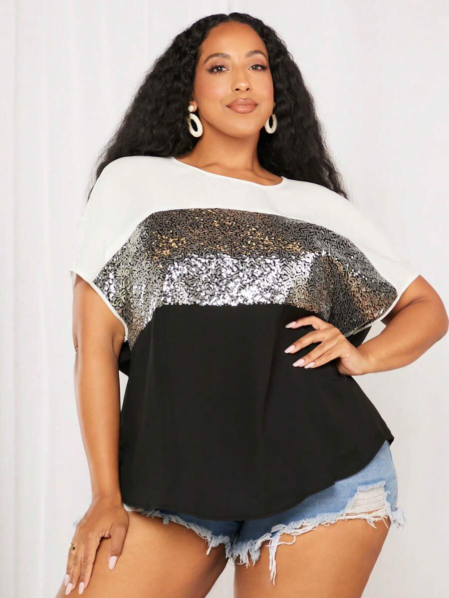 SHEIN CURVE+ Áo sơ mi Plus Size Nút ghép mộng kim sa Khối Màu Giải trí - màu đen - Xem 1