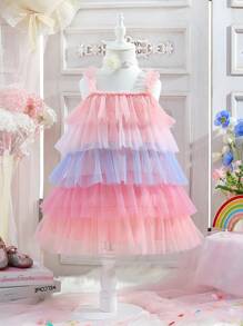 SHEIN Cô Gái Trẻ Khối màu Nhiều lớp Lưới Ruffle Váy Dây - Nhiều màu - Xem 7