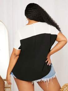 SHEIN CURVE+ Áo sơ mi Plus Size Nút ghép mộng kim sa Khối Màu Giải trí - màu đen - Xem 2