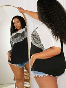 SHEIN CURVE+ Áo sơ mi Plus Size Nút ghép mộng kim sa Khối Màu Giải trí - màu đen - Xem 3